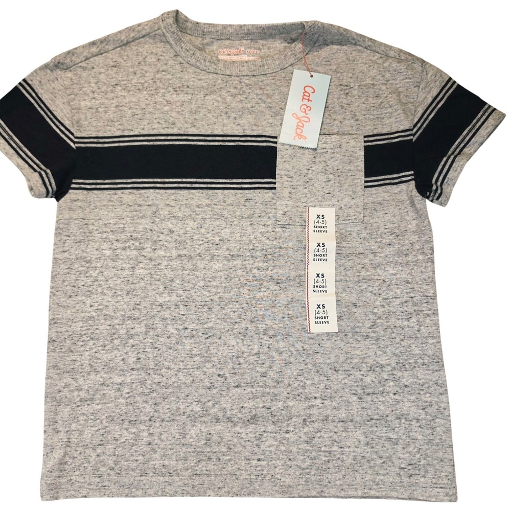 Cat & Jack Boys XS 4-5 Heather Gray Navy Blue Striped Pocket T-Shirt NWT